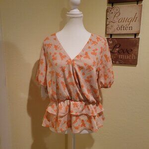 Kaileigh Tan Floral Faux Wrap Peplum Top - Sz: Large NWOT Color: Tan/Orange